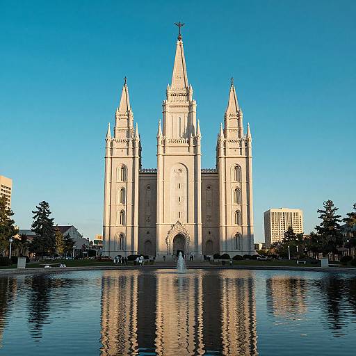 Photograph of a grand Gothic-style cathedral with three pointed spires, reflected in a calm pond, under a clear blue sky.