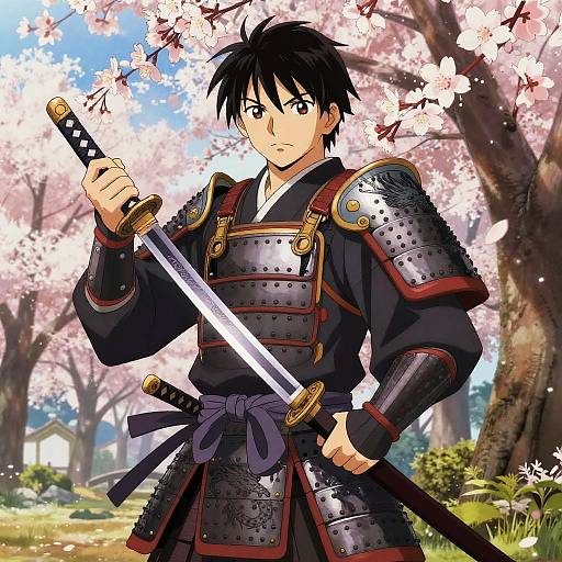 Honorable Samurai in Cherry Blossom Garden