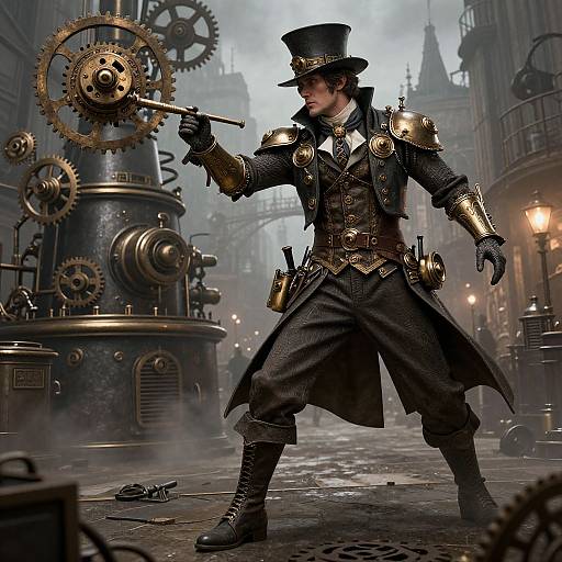 Steampunk inventor in black top hat and gold armor, wielding gears, stands in foggy, industrial street, surrounded by clockwork machinery. Digital