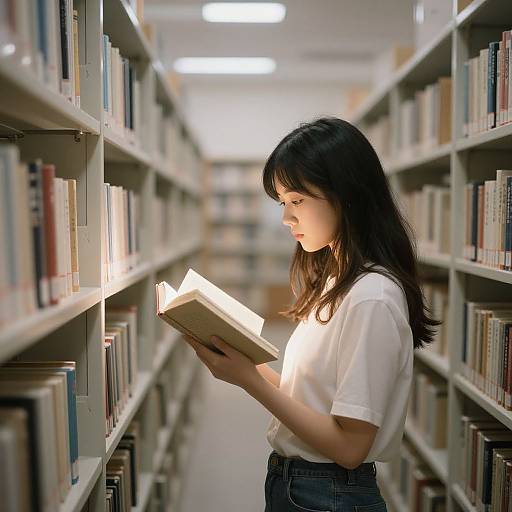 Photograph of an East Asian woman with long black hair, wearing a white blouse and blue jeans, reading a book in a well-lit library aisle