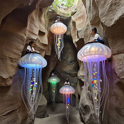 Photograph of three people in a cave-like setting with large, glowing jellyfish lights hanging from the ceiling, each adorned with colorful LED lights.