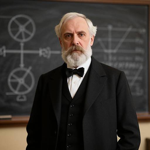 Elderly man with white hair and beard, wearing black suit and bow tie, stands in front of a chalkboard with complex scientific diagrams. Phot