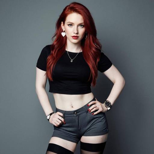 Red-haired woman in black crop top and shorts