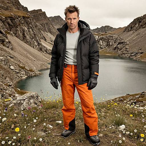 Photograph of a man with short brown hair, wearing a black jacket, white shirt, orange pants, and black gloves, standing in a rocky mountain