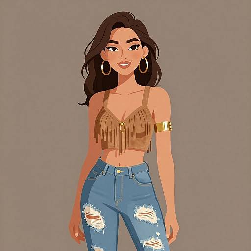 Bohemian Woman Smiling in Distressed Jeans