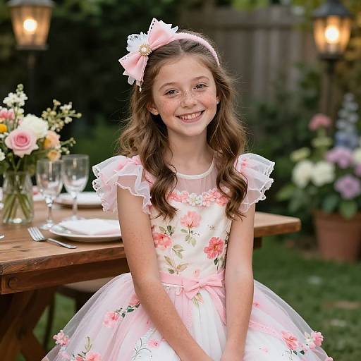 Photograph of a smiling young girl with long brown hair, wearing a pink floral dress with white tulle, and a matching flower headband, sitting