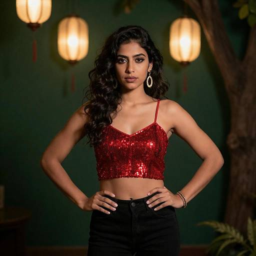 Confident Woman in Sequined Crop Top