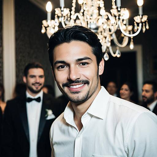 Smiling Man in White Shirt at Wedding Party