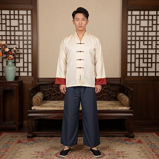 Asian man in white silk robe with red trim, black loose pants, black slippers, stands in traditional wooden room.
