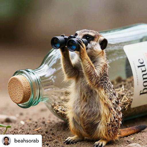 Photograph of a curious meerkat with brown and white fur, using black binoculars while standing on dirt beside a tilted glass bottle with a