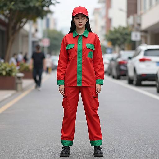 Photograph of an Asian woman with long black hair, wearing a red and green jumpsuit, matching cap, and black boots, standing on a city