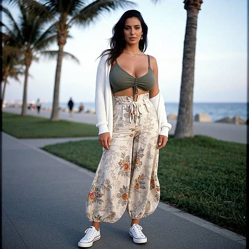 Photograph of a dark-haired woman in a green bralette, white cardigan, floral high-waisted pants, and white sneakers, standing on