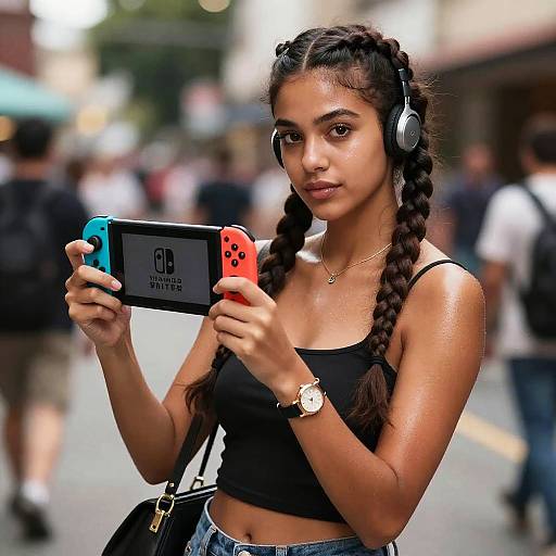 Photograph of a young woman with dark braids, wearing headphones and a black tank top, intently playing a Nintendo Switch in a busy urban street