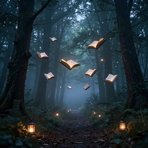 Photograph of a magical forest at night, with glowing lanterns and floating, open books illuminated by soft, ethereal light.