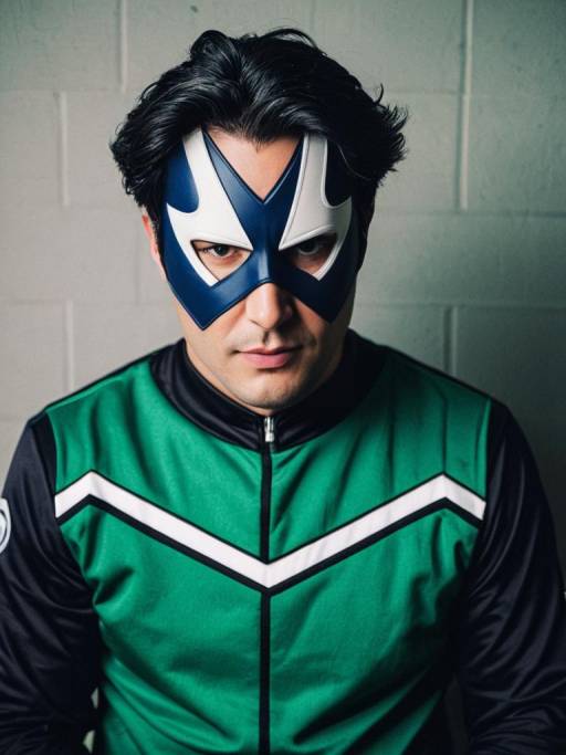 Man in Blue and White Mask with Green Jersey