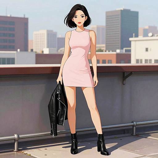 Digital anime-style drawing of a black-haired woman in a pink dress, black boots, and leather jacket, standing on a rooftop with city buildings in the