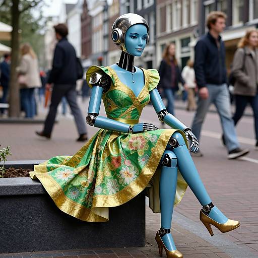 Photograph of a blue robotic woman with a silver head, wearing a green floral and gold dress, sitting on a city sidewalk bench, with blurred pedestrians