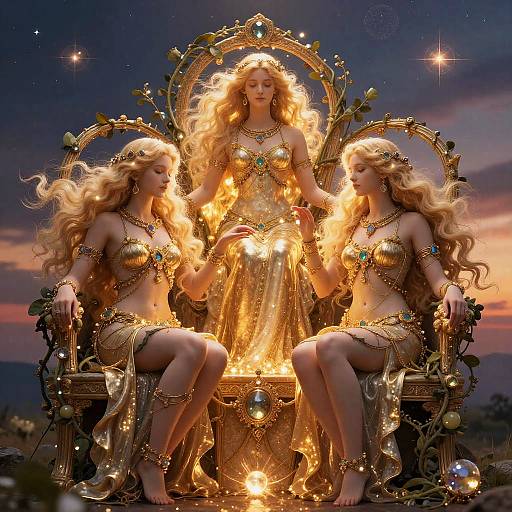 Digital artwork of three blonde, ethereal queens with glowing hair, gold jewelry, and translucent gowns, seated on an ornate throne against a twilight