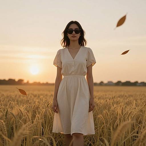Photograph of a woman in a white dress standing in a golden wheat field at sunset, with leaves blowing and the sun low in the sky.