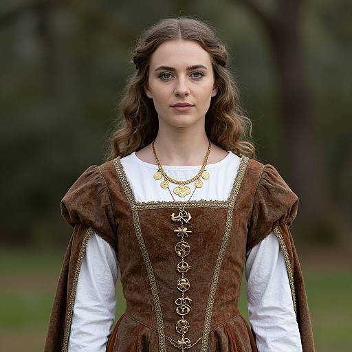 Photograph of a young woman with wavy brown hair, wearing a brown, medieval-style dress with gold embroidery over a white shirt, standing in a