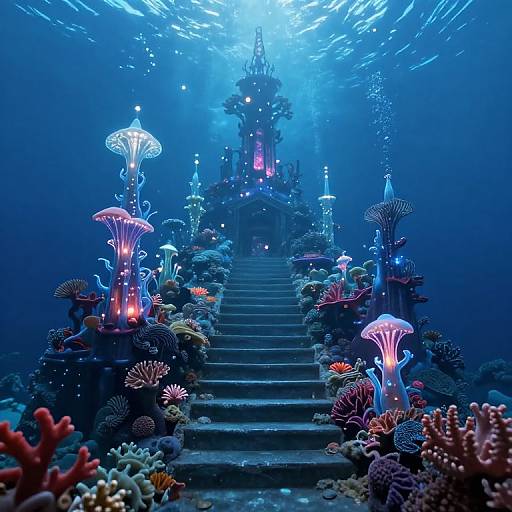 Photograph of an underwater scene with glowing jellyfish-like lights on stairs, surrounded by colorful corals, leading to a mystical, castle-like structure illuminated