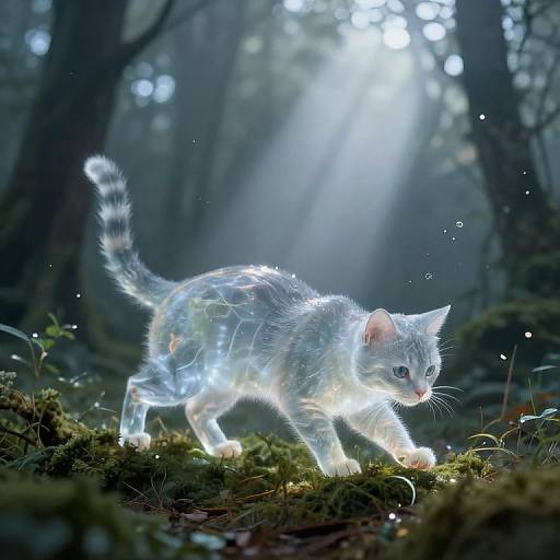 Photograph of a glowing, translucent white cat with blue eyes walking through a misty forest, illuminated by sunlight filtering through trees.