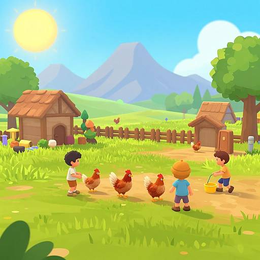 Bright, colorful digital illustration of children playing with chickens in a sunny, rural farmyard with wooden houses, a fence, and mountains.