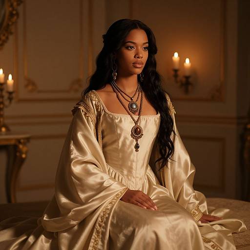 Photograph of a dark-haired woman in a gold satin Renaissance-style gown, adorned with jewelry, sitting in a warmly lit, ornate room with candle