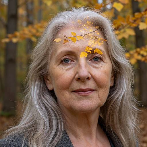 Photograph of an elderly woman with silver hair, yellow autumn leaves on her forehead, smiling gently in a wooded forest.