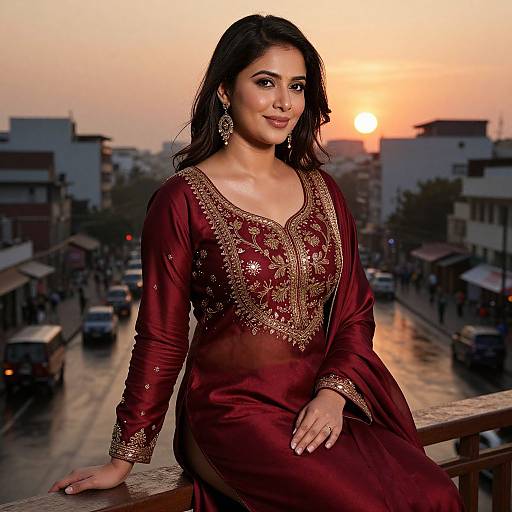 Photograph of a smiling South Asian woman in a maroon, gold-embroidered traditional outfit, leaning on a balcony at sunset, urban street