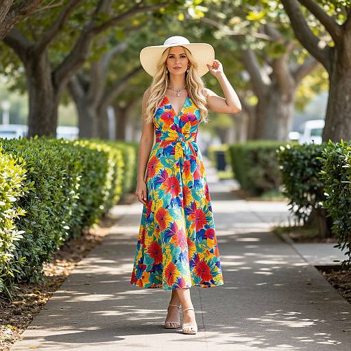 Photograph of a blonde woman in a colorful floral dress, white sunhat, and sandals, walking on a sunlit tree-lined path.