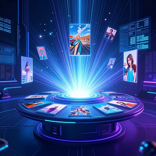 Digital CGI image of a futuristic, glowing, circular display screen with blue neon lights, showing multiple celebrity portraits radiating outward.