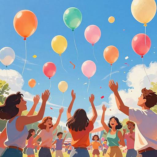Digital illustration of a sunny day with diverse group of people joyfully releasing colorful balloons into a bright blue sky.