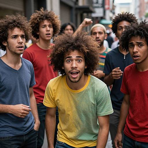 Photograph of a group of young men with large afros, wearing colorful t-shirts, walking down a city street with surprised expressions. Vibrant urban