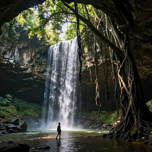 Photograph of a person standing in front of a cascading waterfall within a lush, forested cave with large hanging vines and sunlight filtering through.