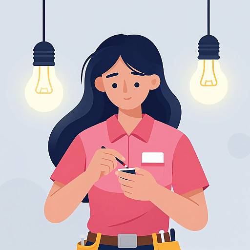 Digital illustration of a woman with long black hair, pink shirt, writing on a clipboard, under two hanging light bulbs.