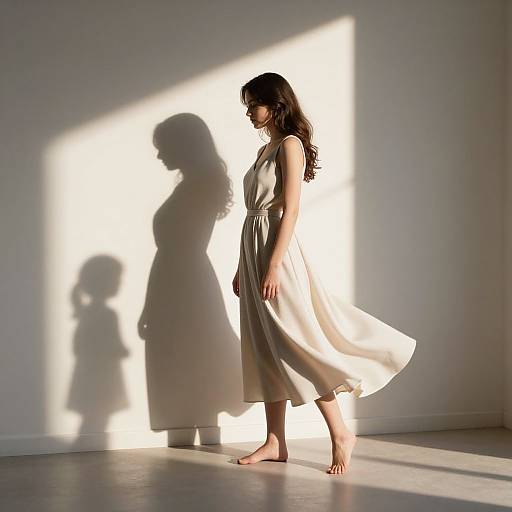 Photograph of a barefoot woman in a flowing beige dress, standing in a sunlit room, casting a shadow of herself and a child on the