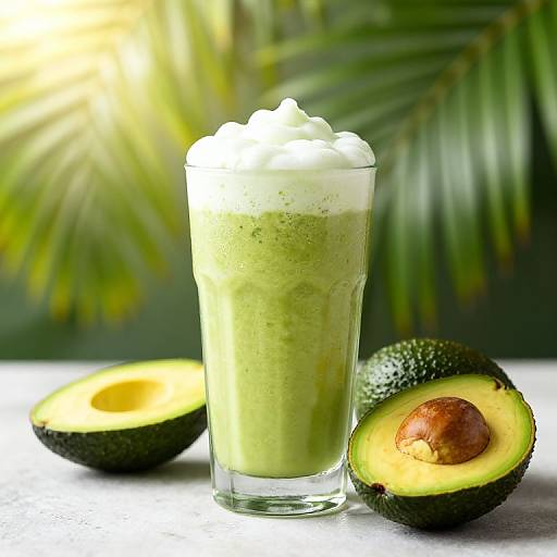 Photograph of a green smoothie with whipped cream in a glass, flanked by halved avocados with a visible pit, against a blurred