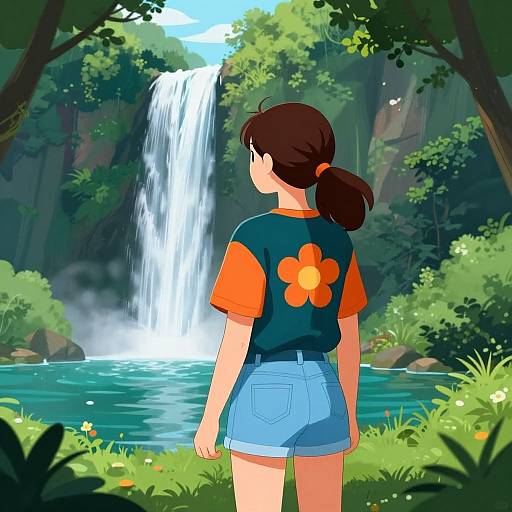 Digital illustration of a girl with brown hair in a ponytail, wearing an orange flower-shirt and blue shorts, standing before a lush waterfall and pond in