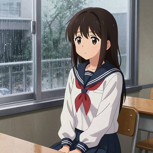 Anime girl with long black hair, wearing a white sailor uniform with red necktie, sits at a rain-soaked classroom window.