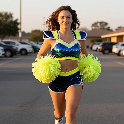 Photograph of a smiling, brown-haired cheerleader in a blue and yellow sequined outfit, holding yellow pom-poms, running on a sunlit