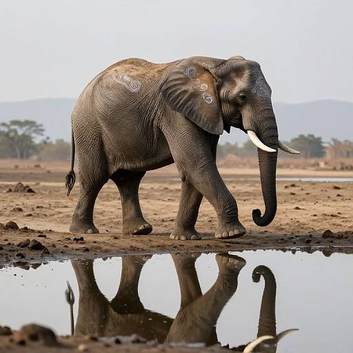 Photograph of a large, gray African elephant with white tusks, standing by a reflective waterhole on a dry, muddy landscape.