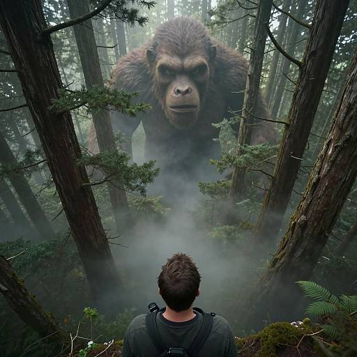 Photorealistic CGI: Man with backpack facing giant gorilla in misty forest; towering trees surround, ferns at the bottom. Gorilla lo