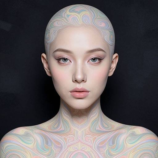 Digital portrait of a bald, pale-skinned woman with intricate, iridescent, swirl-pattern tattoos on her head and neck, against a black background