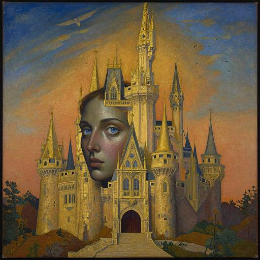 Digital art: A woman's face superimposed on a glowing, golden castle at sunset, with birds flying in the sky.