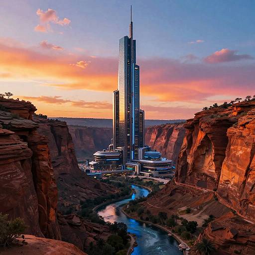 Futuristic Neon Cityscape at Sunset