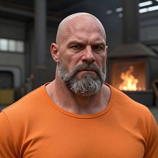 Photograph of a bald, bearded middle-aged man with a serious expression, wearing an orange shirt, in front of a brightly lit industrial furnace.