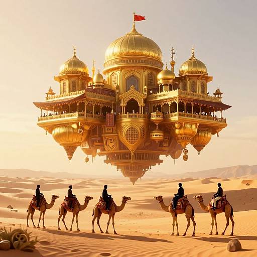Photograph of a golden, ornate airship with domed towers hovering over a desert, with five camels and riders in the foreground.