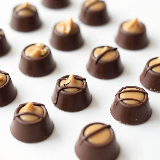 Photograph of chocolate-covered truffles with caramel centers, drizzled with dark chocolate on a white background, arranged in a grid.
