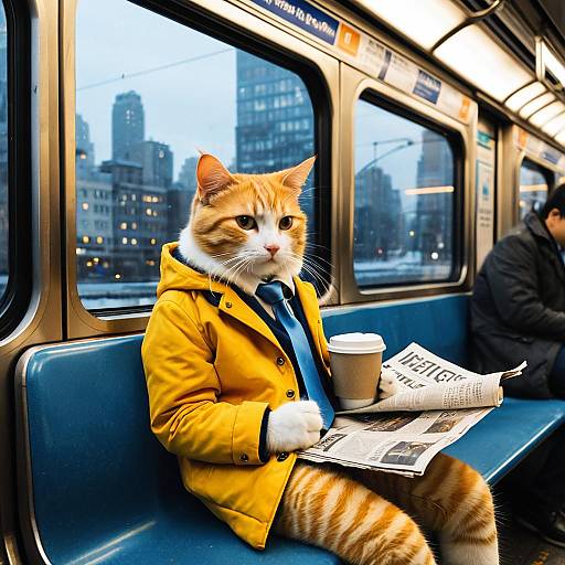 Cat in Yellow Jacket on Subway Train